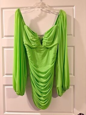 LUXXEL Neon Green Ruched Long-Sleeve Mini Dress